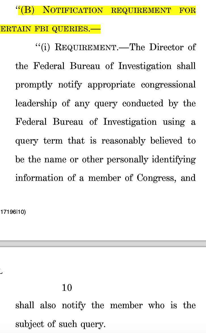 Special notification provision for House-Senate members re: FISA queries