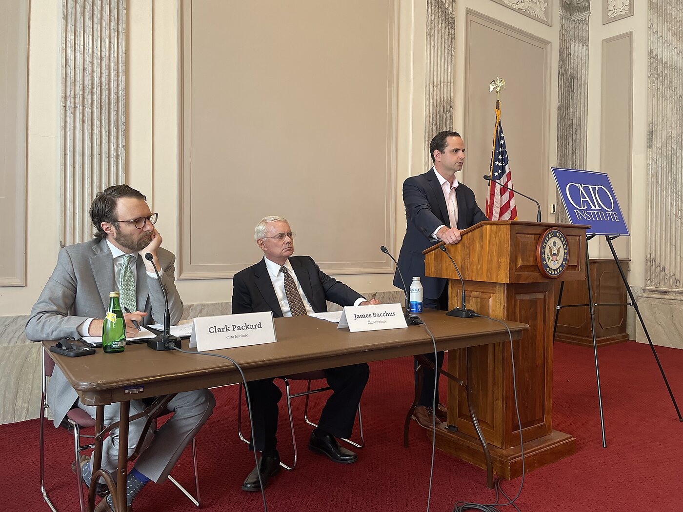 Left to Right: Cato's Clark Packard, James Bacchus, and Lawrence Montreuil speaking at Capitol Hill on what would happen if the US withdrew from the World Trade Organization